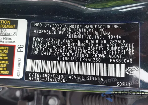 2015 Toyota Camry Le из США, поврежденный, VIN 4T4BF1FK1FR450250